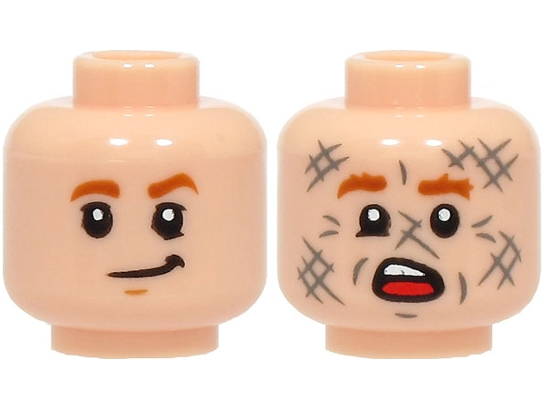 Minifigure, Head Dual Sided Dark Orange Eyebrows, Medium Nougat Chin Dimple, Lopsided Grin / Scared Open Mouth with Top Teeth, Tongue and Dark Bluish Gray Scuff Marks Pattern