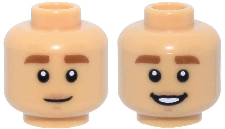 Minifigure, Head Dual Sided Dark Orange Thick Eyebrows, Nougat Lips, Medium Nougat Chin Dimple, Slight Lopsided Grin / Open Mouth Smile with Teeth Pattern