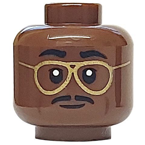 Minifigure, Head Black Eyebrows and Moustache, Gold Glasses, Dark Brown Cheek Lines and Wrinkles, Neutral Pattern