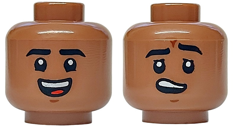 Minifigure, Head Dual Sided Black Eyebrows, Reddish Brown Chin Dimple, Open Mouth Smile with Top Teeth and Red Tongue / Worried with Raised Left Eyebrow Pattern