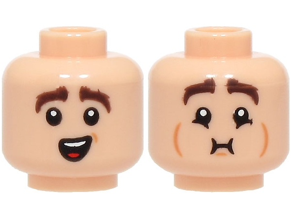 Minifigure, Head Dual Sided Dark Brown Eyebrows, Surprised Open Mouth with Top Teeth and Tongue / Queasy (Breath Holding) with Medium Nougat Cheek Lines Pattern