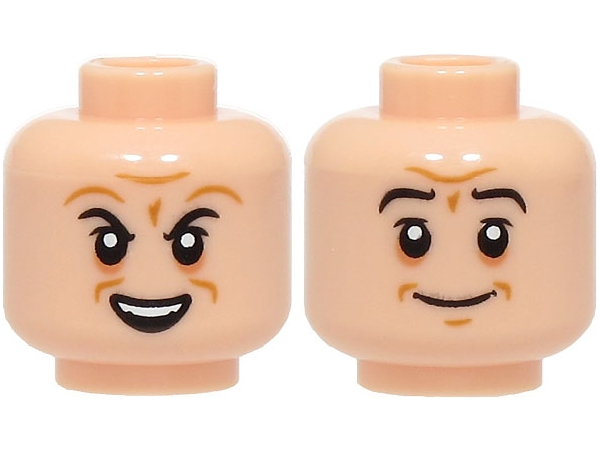 Minifigure, Head Dual Sided Black Eyebrows, Nougat Eye Shadow, Medium Nougat Wrinkles, Crooked Open Mouth Smile with Top Teeth / Stern Grin Pattern