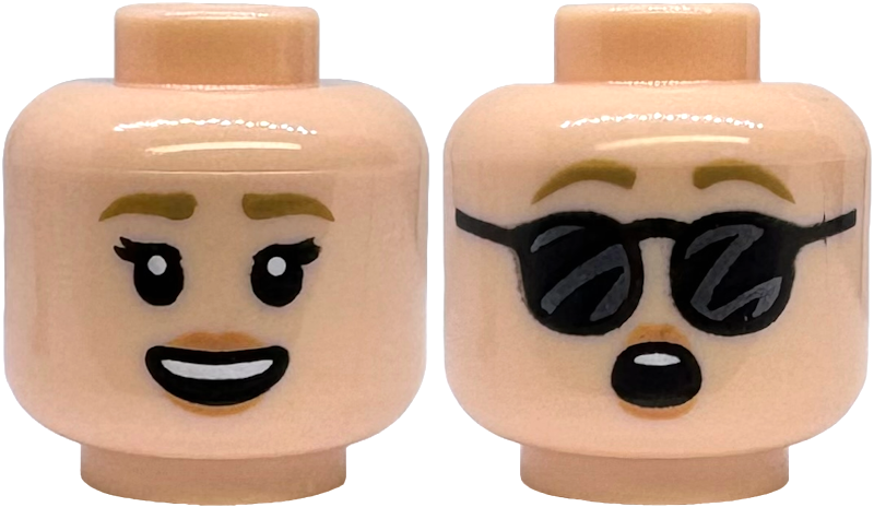 Minifigure, Head Dual Sided Female Dark Tan Eyebrows, Double Eyelashes, Nougat Lips, Open Mouth Smile with Top Teeth / Surprised with Black Sunglasses Pattern