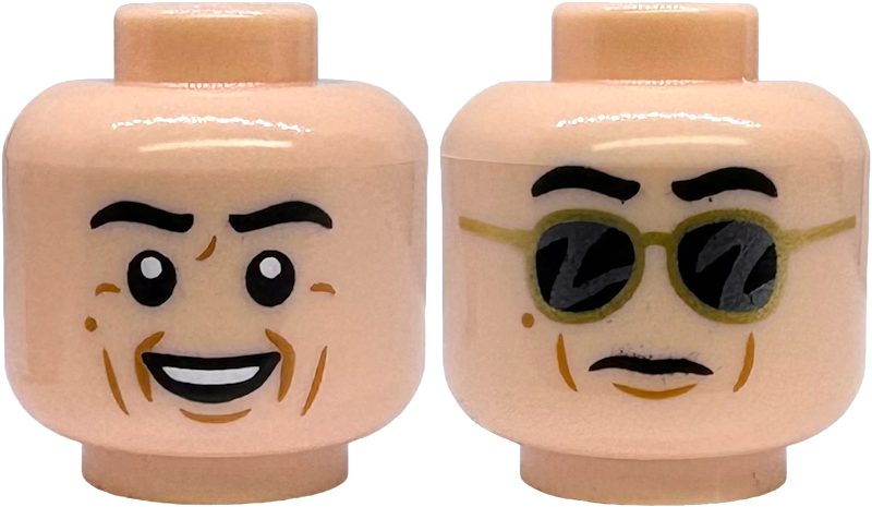 Minifigure, Head Dual Sided Black Eyebrows, Medium Nougat Wrinkles and Chin Dimple, Open Mouth Smile with Top Teeth / Stern with Gold Sunglasses Pattern