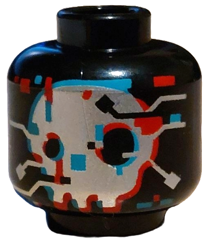 Minifigure, Head Alien Silver Face with Circuitry, Dark Turquoise and Red Outline, Rectangles and Squares Pattern