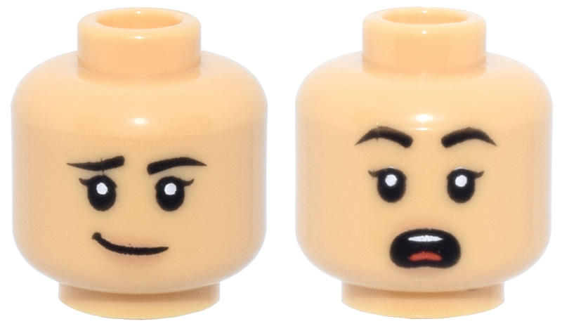 Minifigure, Head Dual Sided Female Black Eyebrows, Eyelashes, Nougat Lips, Lopsided Grin / Surprised Open Mouth with Top Teeth and Tongue Pattern