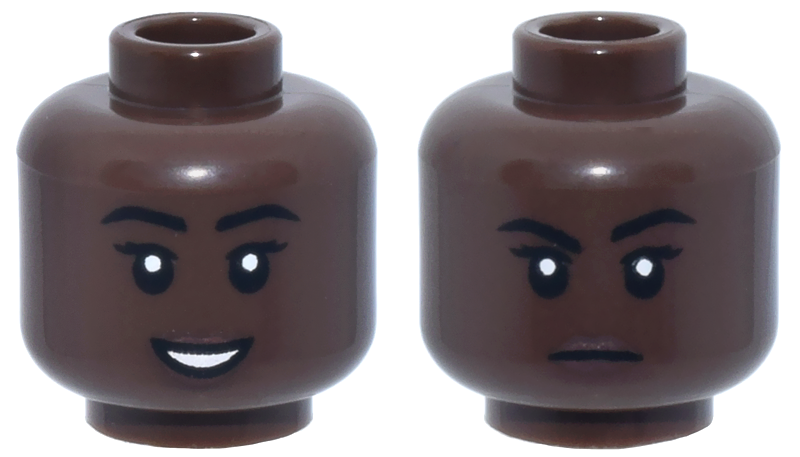 Minifigure, Head Dual Sided Female Black Eyebrows, Double Eyelashes, Dark Brown Lips, Open Mouth Smile with Teeth / Closed Mouth Frown Pattern