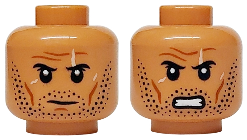 Minifigure, Head Dual Sided Black Eyebrows and Stubble Beard, Dark Orange Cheek Lines, Chin Dimple and Forehead Creases, White Scars, Neutral / Angry Bared Teeth Pattern