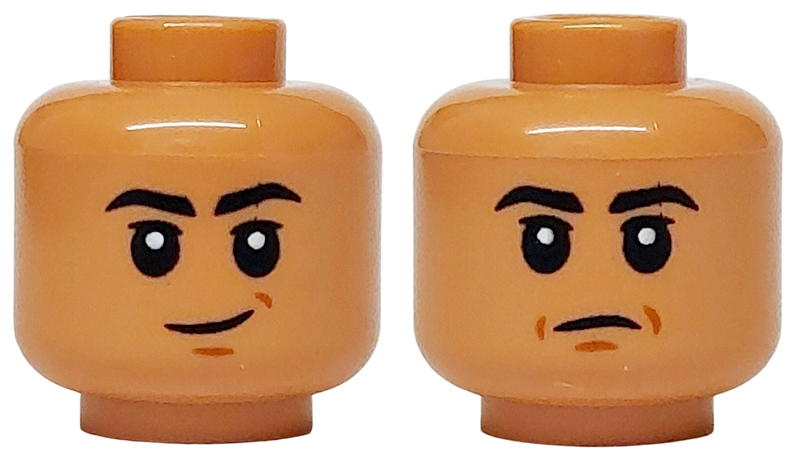 Minifigure, Head Dual Sided Black Eyebrows, Dark Orange Chin Dimple, Smirk / Sad Closed Mouth with Dimples Pattern