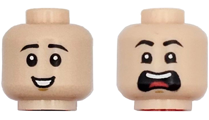 Minifigure, Head Dual Sided Child Black Eyebrows, Medium Nougat Chin Dimple, Open Mouth Smile / Scared Open Mouth with Top Teeth and Tongue Pattern