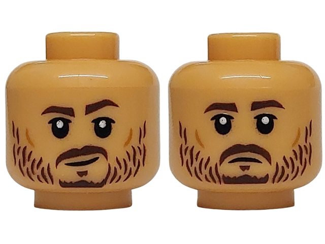 Minifigure, Head Dual Sided Dark Brown Eyebrows, Goatee Beard and Stubble, Medium Nougat Cheek Lines, Smirk / Stern Pattern