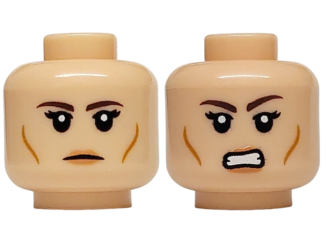 Minifigure, Head Dual Sided Female Dark Brown Eyebrows, Black Double Eyelashes, Medium Nougat Cheek Lines, Nougat Lips, Neutral / Angry Bared Teeth Pattern