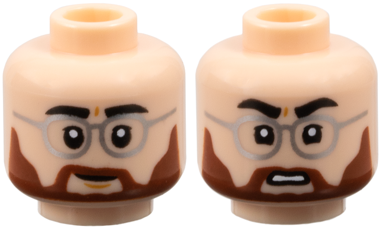 Minifigure, Head Dual Sided Black Eyebrows, Silver Glasses, Reddish Brown Moustache and Full Beard, Dimples, Slight Lopsided Grin / Open Mouth Scowl with Teeth Pattern