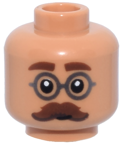 Minifigure, Head Reddish Brown Thick Eyebrows and Moustache, Dark Silver Round Glasses Pattern
