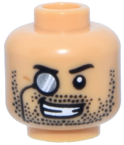 Minifigure, Head Black Eyebrows and Stubble, Black Monocle Right with Silver and White Lens, Open Mouth Grin with Teeth Pattern
