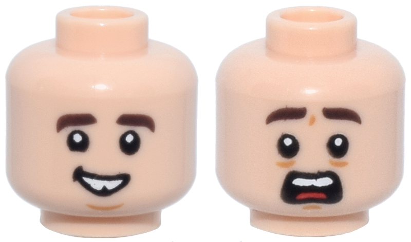 Minifigure, Head Dual Sided Dark Brown Eyebrows, Smile with Tooth Gap / Open Mouth Scared with Red Tongue Pattern