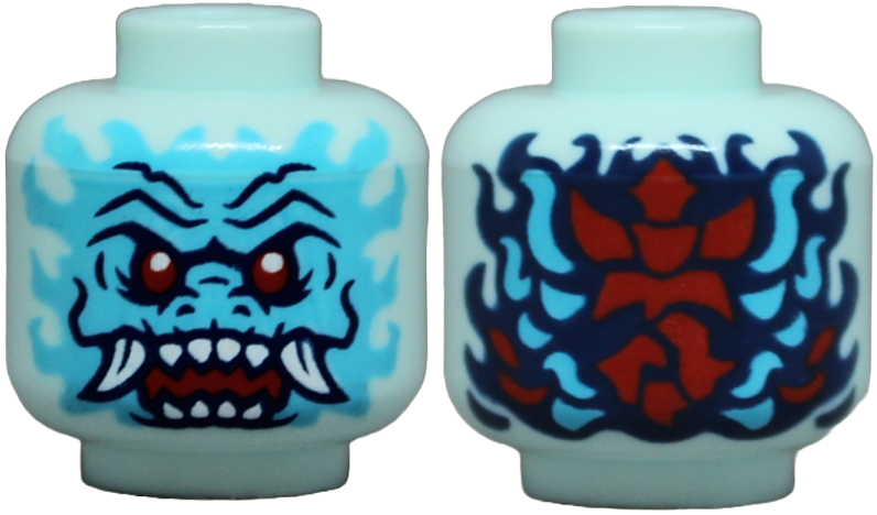 Minifigure, Head Alien Dragon with Medium Azure Face, Red Eyes, Dark Blue Eyebrows and Nostrils, Open Mouth with Fangs and Sharp Teeth, Scales and Swirls on Back Pattern