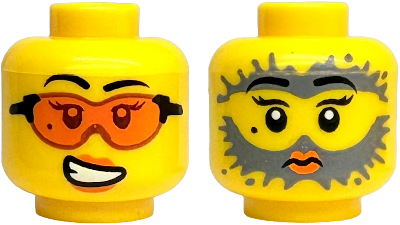 Minifigure, Head Dual Sided Female Black Eyebrows, Beauty Mark, Orange Safety Glasses and Lips, Scared Open Mouth with Teeth / Surprised with Dark Bluish Gray Splotches Pattern