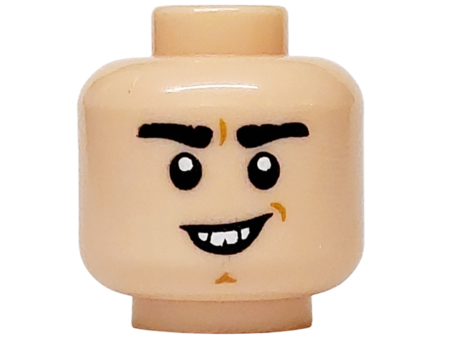 Minifigure, Head Thick Black Eyebrows, Medium Nougat Chin Dimple, Open Mouth Grin with Buck Teeth Pattern