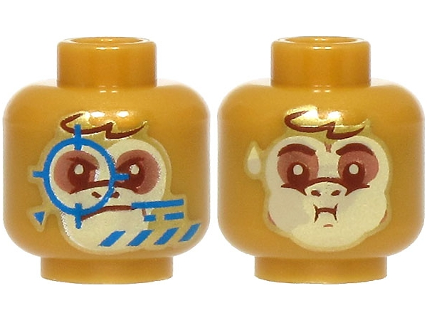Minifigure, Head Dual Sided Alien Tan Monkey Face, Reddish Brown Eyes, Copper Eye Shadow, Angry with Blue Crosshairs and Markings / Queasy (Breath Holding) Pattern