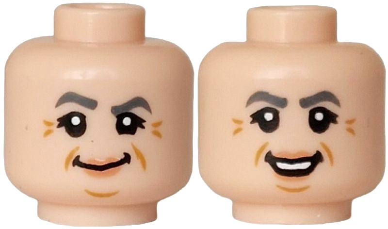 Minifigure, Head Dual Sided Female, Dark Bluish Gray Eyebrows, Nougat Lips, Medium Nougat Chin Dimple, Cheek Lines and Crow's Feet, Smile / Open Mouth Smile Pattern