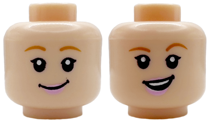 Minifigure, Head Dual Sided Female Medium Nougat Eyebrows, Bright Pink Lips, Open Mouth Smile with Top Teeth / Grin Pattern