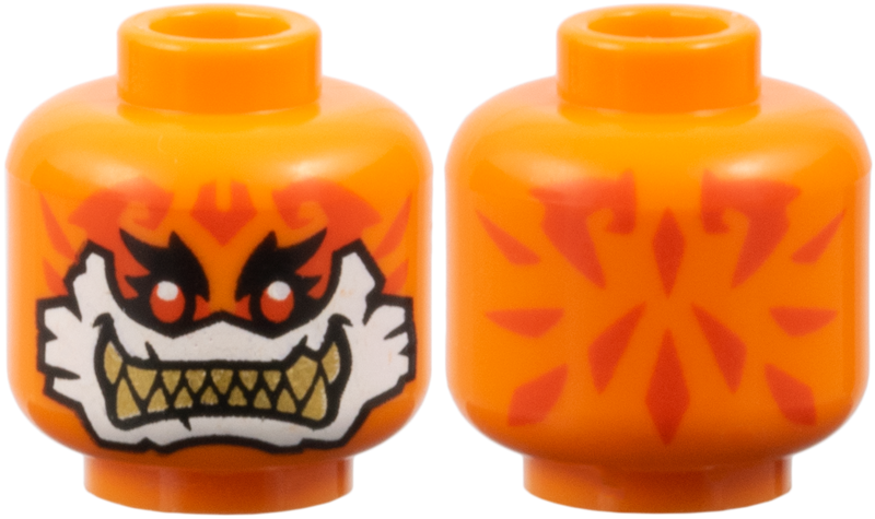 Minifigure, Head Alien Reddish Orange Tattoos, Black Eyebrows, Red Eyes, White Around Mouth, Gold Sharp Teeth Pattern