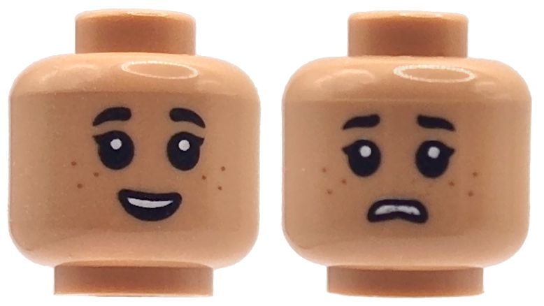 Minifigure, Head Dual Sided Child Black Eyebrows, Single Eyelashes, Dark Orange Freckles, Open Mouth Smile / Frown Pattern