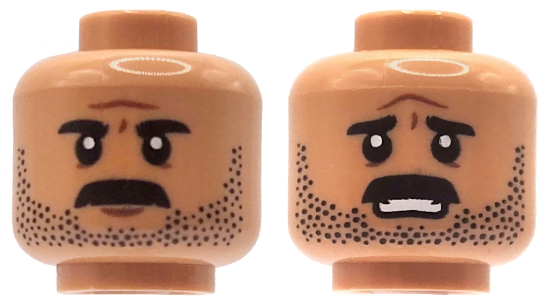 Minifigure, Head Dual Sided Black Eyebrows, Moustache and Stubble, Dark Orange Chin Dimple and Forehead Crease, Stern / Worried Open Mouth with Teeth Pattern