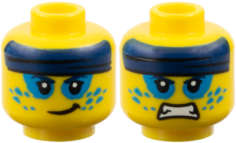 Minifigure, Head Dual Sided Dark Blue Headband, Dark Azure Splotches Around Eyes and Cheeks, Lopsided Grin / Fierce Pattern