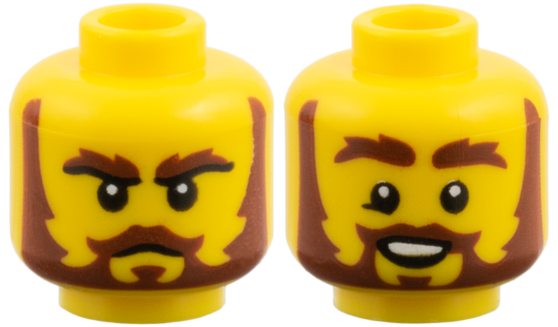 Minifigure, Head Dual Sided Reddish Brown Bushy Eyebrows, Moustache, Beard and Sideburns, Stern / Open Mouth Smile with Top Teeth Pattern