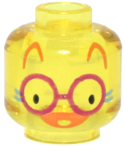 Minifigure, Head Cat, Magenta Round Glasses, Black Eyes, Orange Ears and Nose, Medium Azure Whiskers Pattern