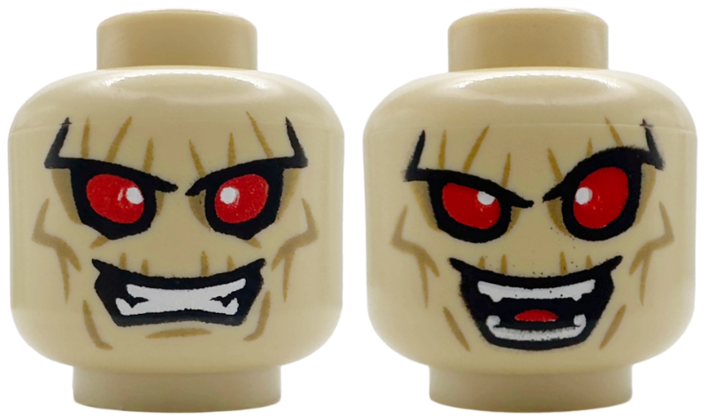 Minifigure, Head Dual Sided Alien with Red Eyes, White Glints, Dark Tan Wrinkles, Clenched Teeth / Open Mouth Grin Pattern