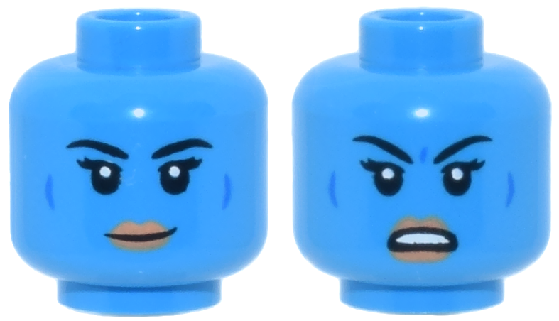 Minifigure, Head Dual Sided Alien Female SW Twi'lek with Black Eyebrows, Nougat Lips, Blue Cheek Lines, Neutral / Angry Open Mouth Frown with Teeth Pattern