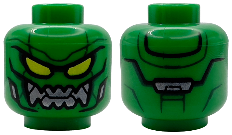 Minifigure, Head Alien with Lime Eyes with Black Outlines, Dark Green Contour Lines, Silver Mechanical Mouth Smile Pattern