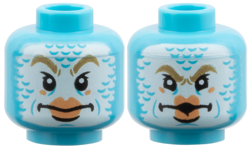 Minifigure, Head Dual Sided Alien, White Face with Scales, Dark Tan Eyebrows, Nougat Large Lips, Neutral / Angry Pucker Pattern