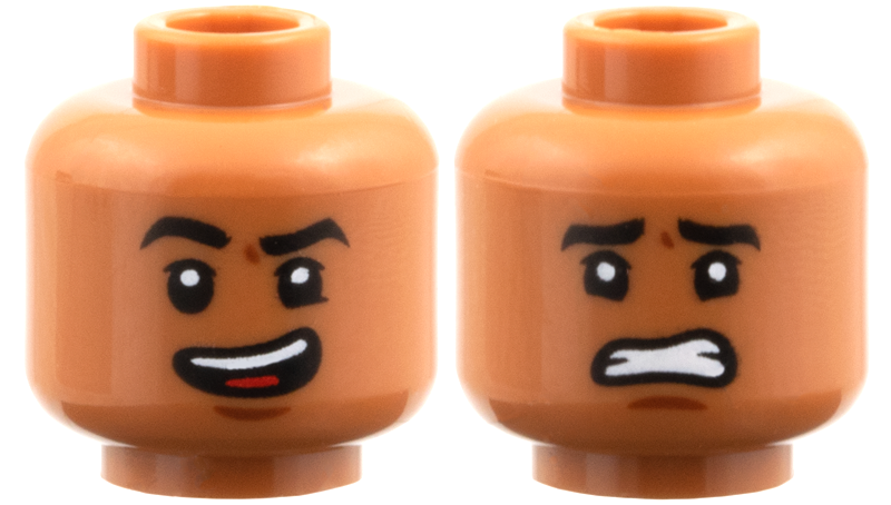 Minifigure, Head Dual Sided Black Eyesbrows, Reddish Brown Chin Dimple, Open Mouth Smile with Top Teeth and Red Tongue, Raised Eyebrow Right / Scared Pattern