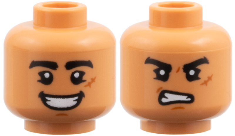 Minifigure, Head Dual Sided Black Eyebrows, Dark Orange Scar and Chin Dimple, Open Mouth Smile / Scowl Pattern