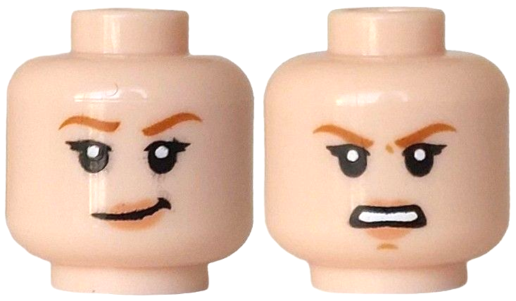 Minifigure, Head Dual Sided Female, Dark Orange Eyebrows, Nougat Lips, Lopsided Grin / Open Mouth Angry Pattern