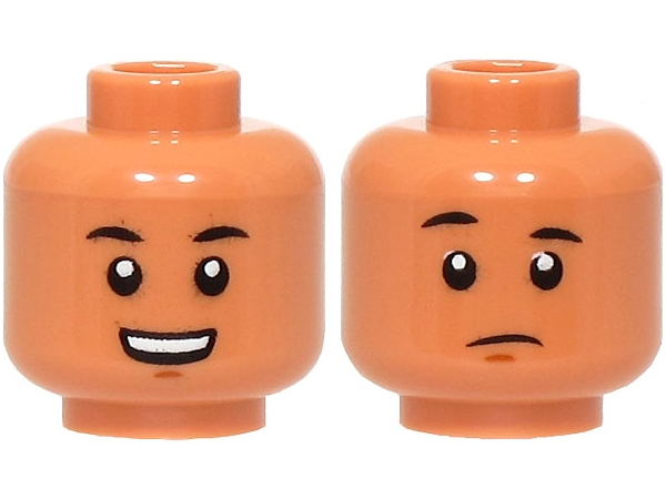 Minifigure, Head Dual Sided Black Eyebrows, Dark Orange Chin Dimple, Open Mouth Smile with Top Teeth / Raised Eyebrow and Frown Pattern