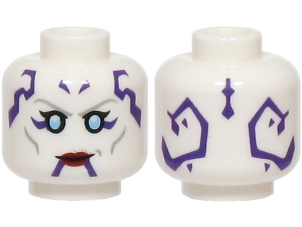 Minifigure, Head Alien Female SW Dathomirian Zabrak with Light Bluish Gray Eyebrows and Cheek Lines, Bright Light Blue Eyes, Dark Purple Markings, Dark Red Lips, Grin Pattern