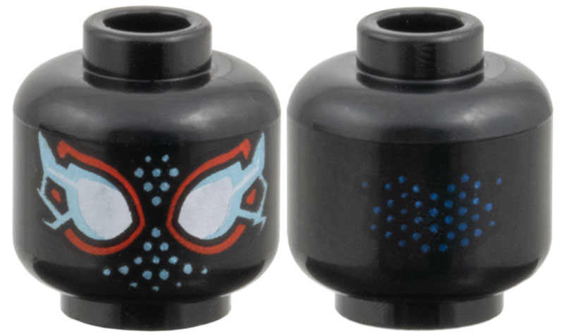 Minifigure, Head Alien with Spider-Man Large White Eyes with Red Borders, Metallic Light Blue Electricity and Dots Pattern