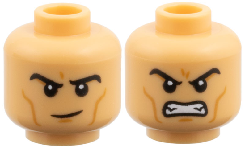 Minifigure, Head Dual Sided Black Eyebrows, Medium Nougat Cheek Lines and Chin Dimple, Raised Eyebrow Right / Fierce Open Mouth Scowl with Teeth Pattern