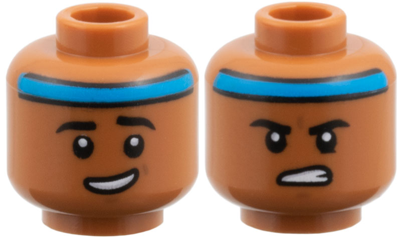 Minifigure, Head Dual Sided Dark Azure Headband, Black Eyebrows, Lopsided Open Mouth Grin / Firm Gritted Teeth Pattern