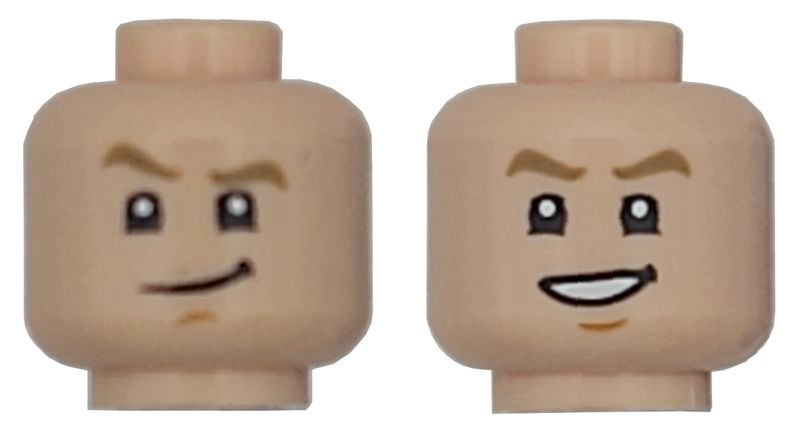 Minifigure, Head Dual Sided Dark Tan Eyebrows, Medium Nougat Chin Dimple, Lopsided Grin / Open Mouth Smile with Teeth Pattern