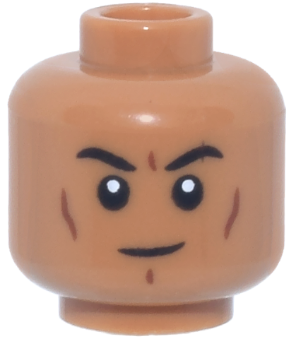 Minifigure, Head Black Eyebrows, Reddish Brown Cheek Lines and Chin Dimple, Slight Smile Pattern