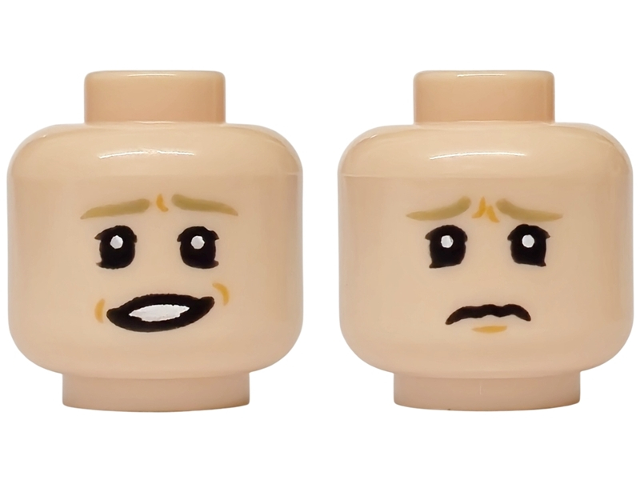 Minifigure, Head Dual Sided Dark Tan Eyebrows, Medium Nougat Chin Dimple, Lopsided Open Mouth Grin with Teeth / Worried Frown Pattern