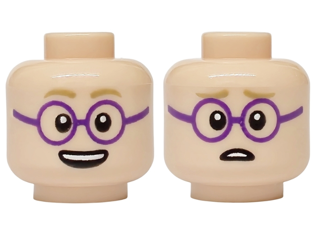 Minifigure, Head Dual Sided Dark Tan Eyebrows, Dark Purple Round Glasses, Open Mouth Grin with Top Teeth / Worried Pattern