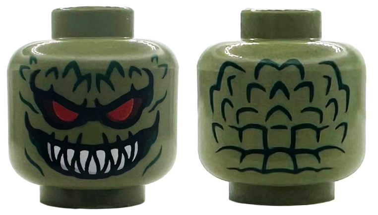 Minifigure, Head Alien Crocodile, Red and Dark Red Eyes with Black Borders, Dark Green Cheek Lines and Scales, Wide Open Mouth Grin with Pointed White Teeth Pattern