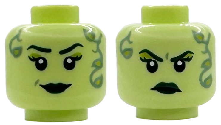 Minifigure, Head Dual Sided Female Dark Green Eyebrows, Eyelashes and Lips, Lime Eye Shadow, Sand Blue Vines with Leaves, Neutral / Frown Pattern